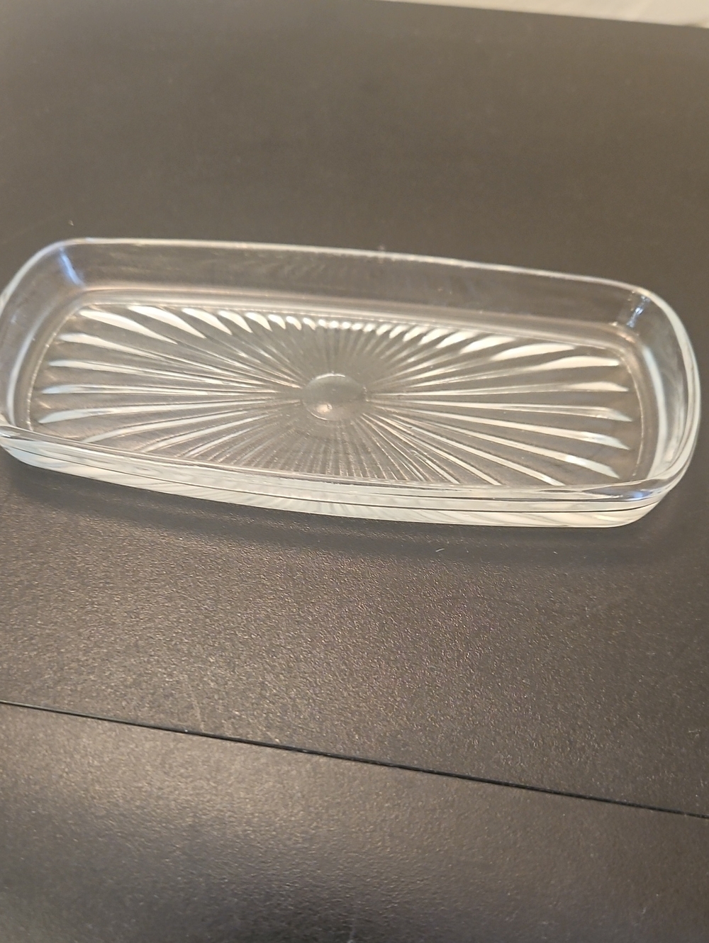 Clear Glass Trinket Tray with Radiant Starburst Design. Excellent Condition!
